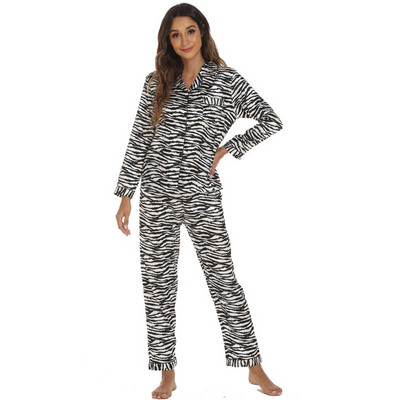 Σατέν πιτζάμες φθινοπώρου Γυναικείες Πυτζάμες με στάμπα Λεοπάρ Σετ Πυτζάμες Γυναικείες Κοστούμια Σπίτι Γυναικεία Σαλόνια Σετ Σαλόνι Ρούχα Pjs Nightwear
