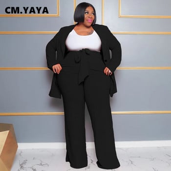 CM.YAYA Fashion Plus Size Γυναικείο Σετ με μακρυμάνικο μπλέιζερ και φαρδύ παντελόνι Κοστούμι 2023 Καλοκαίρι δύο 2 τεμαχίων σετ αθλητικά