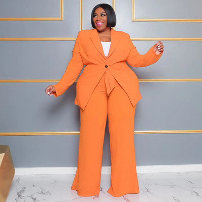 CM.YAYA Fashion Plus Size Γυναικείο Σετ με μακρυμάνικο μπλέιζερ και φαρδύ παντελόνι Κοστούμι 2023 Καλοκαίρι δύο 2 τεμαχίων σετ αθλητικά