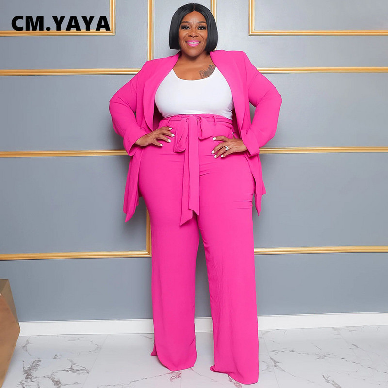 CM.YAYA Fashion Plus Size Γυναικείο Σετ με μακρυμάνικο μπλέιζερ και φαρδύ παντελόνι Κοστούμι 2023 Καλοκαίρι δύο 2 τεμαχίων σετ αθλητικά