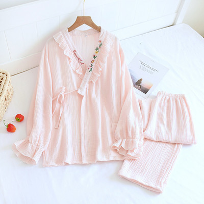 Japanski kimono odijelo Nove ženske proljetne i jesenske pidžame Hlače dugih rukava 100% pamuk krep Dvodijelno odijelo za kućne usluge