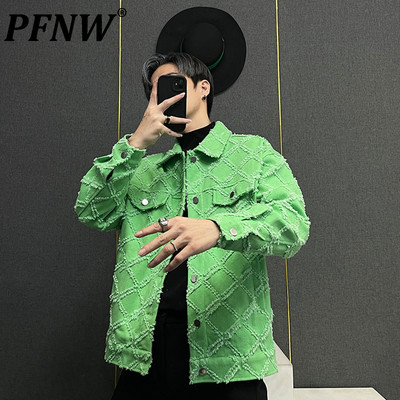 PFNW rudens žiemos naujos vyriškos džinsinės striukės High Street Fashion Kasdienis languotas neapdoroto krašto dizaino paltai su apykakle 28A0399