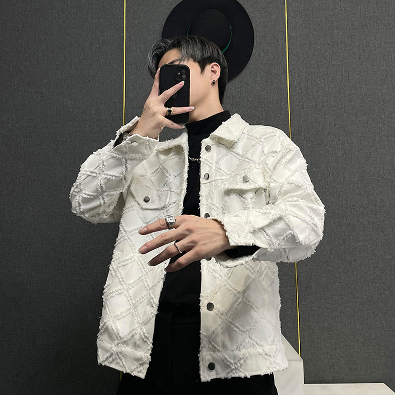 PFNW Φθινοπωρινό Χειμώνα Νέα Ανδρικά Τζιν Μπουφάν High Street Fashion Casual καρό σχέδιο Raw Edge Turn-down Collar Tide παλτό 28A0399