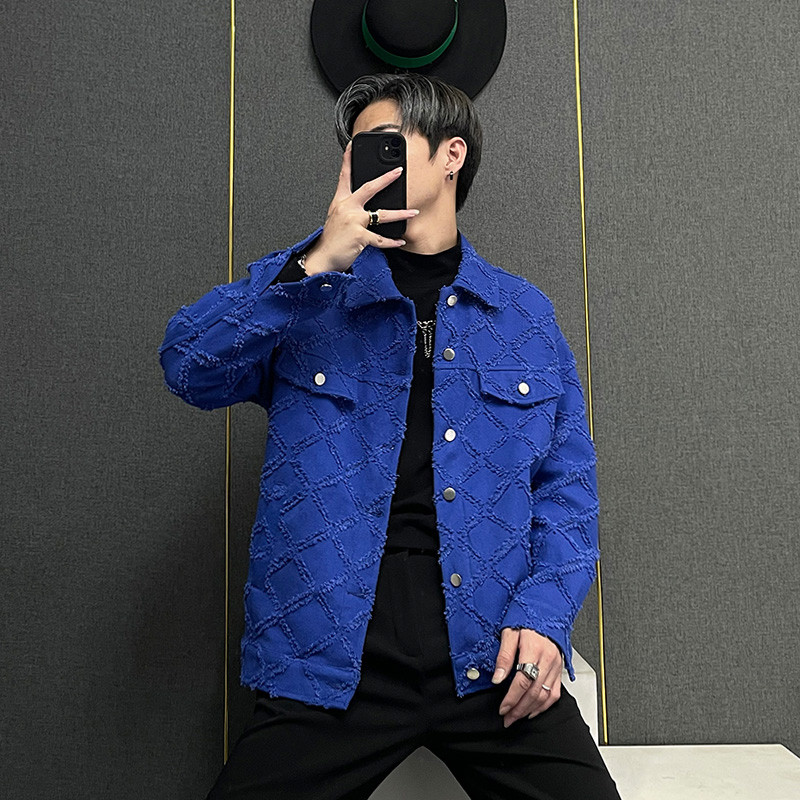 PFNW Φθινοπωρινό Χειμώνα Νέα Ανδρικά Τζιν Μπουφάν High Street Fashion Casual καρό σχέδιο Raw Edge Turn-down Collar Tide παλτό 28A0399