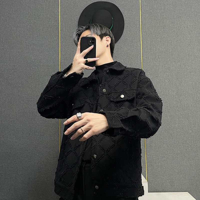 PFNW Φθινοπωρινό Χειμώνα Νέα Ανδρικά Τζιν Μπουφάν High Street Fashion Casual καρό σχέδιο Raw Edge Turn-down Collar Tide παλτό 28A0399