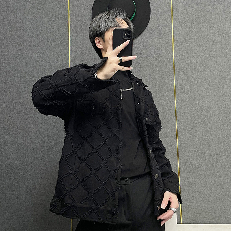 PFNW Φθινοπωρινό Χειμώνα Νέα Ανδρικά Τζιν Μπουφάν High Street Fashion Casual καρό σχέδιο Raw Edge Turn-down Collar Tide παλτό 28A0399