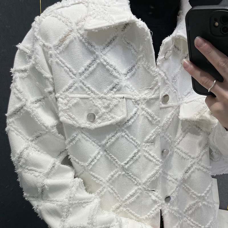 PFNW Φθινοπωρινό Χειμώνα Νέα Ανδρικά Τζιν Μπουφάν High Street Fashion Casual καρό σχέδιο Raw Edge Turn-down Collar Tide παλτό 28A0399