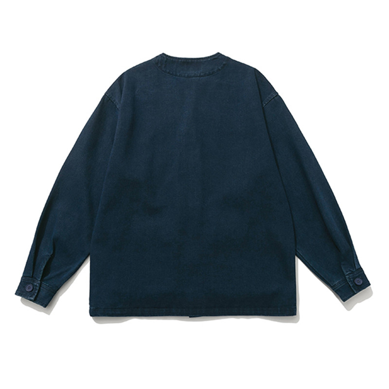 Japán stílusú V-nyakú férfi indigó farmer dzseki, egysoros 2023 tavaszi őszi homokmosó farmerkabát elülső füles zsebekkel