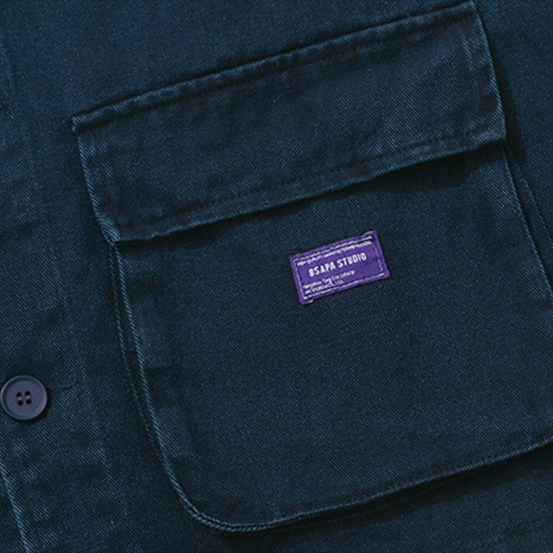 Japán stílusú V-nyakú férfi indigó farmer dzseki, egysoros 2023 tavaszi őszi homokmosó farmerkabát elülső füles zsebekkel