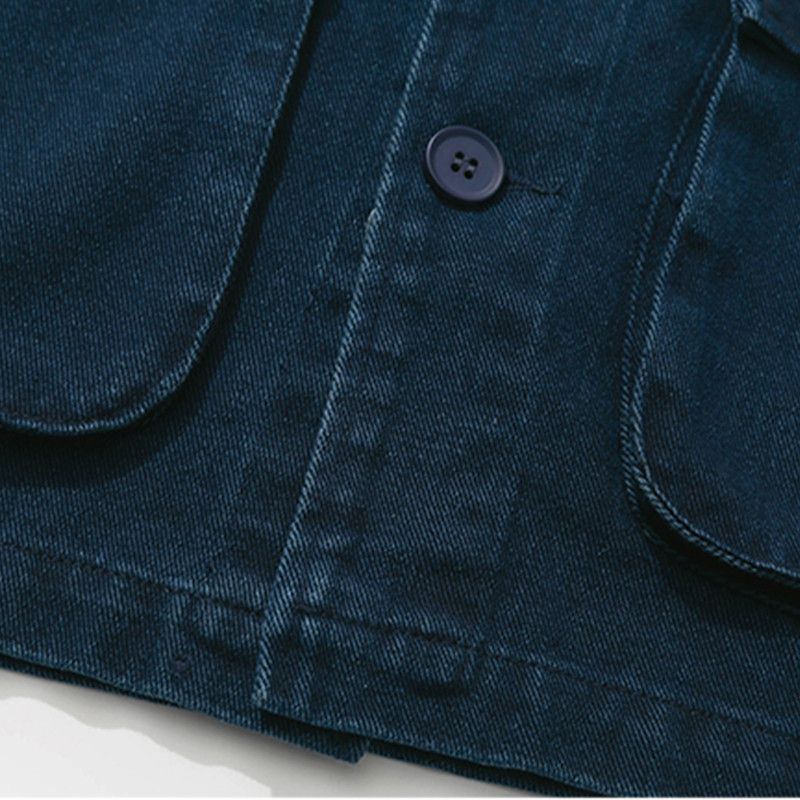 Japán stílusú V-nyakú férfi indigó farmer dzseki, egysoros 2023 tavaszi őszi homokmosó farmerkabát elülső füles zsebekkel