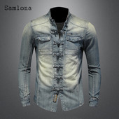 Μακρυμάνικα μπλουζάκια μόδας για άντρες Streetwear Καλοκαίρι 2022 Νέο συνονθύλευμα τζιν πουκάμισο Casual λεπτό τζιν μπλούζα σέξι ανδρικά ρούχα