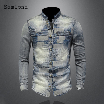 Μακρυμάνικα μπλουζάκια μόδας για άντρες Streetwear Καλοκαίρι 2022 Νέο συνονθύλευμα τζιν πουκάμισο Casual λεπτό τζιν μπλούζα σέξι ανδρικά ρούχα