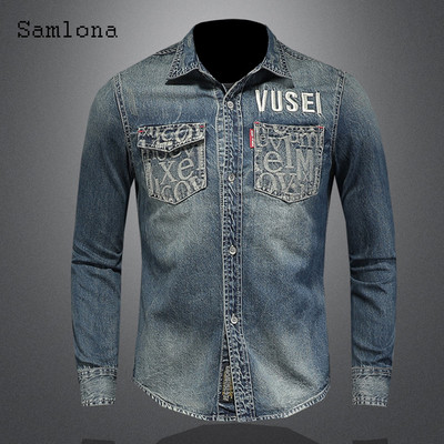 Μακρυμάνικα μπλουζάκια μόδας για άντρες Streetwear Καλοκαίρι 2022 Νέο συνονθύλευμα τζιν πουκάμισο Casual λεπτό τζιν μπλούζα σέξι ανδρικά ρούχα