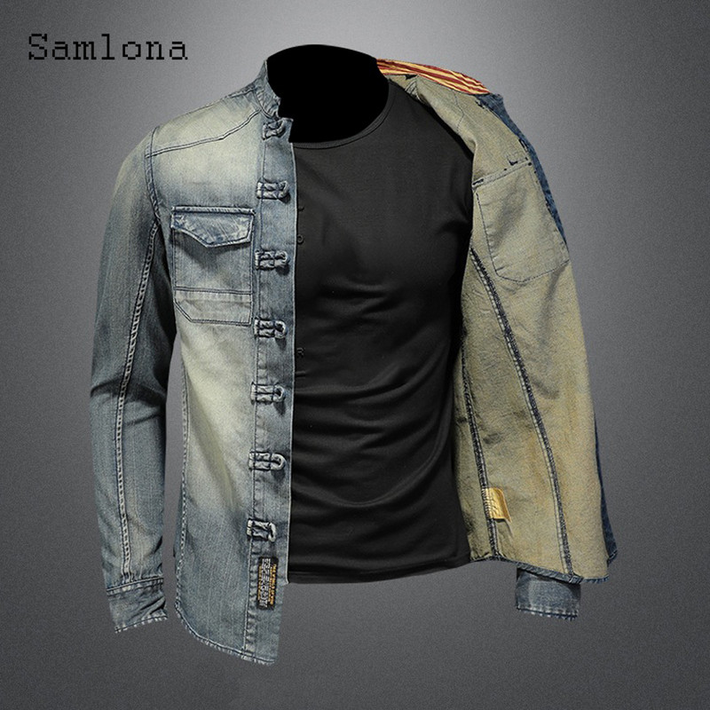 Μακρυμάνικα μπλουζάκια μόδας για άντρες Streetwear Καλοκαίρι 2022 Νέο συνονθύλευμα τζιν πουκάμισο Casual λεπτό τζιν μπλούζα σέξι ανδρικά ρούχα