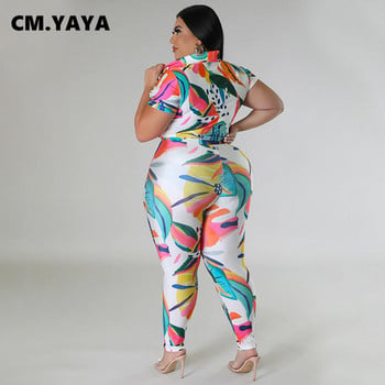 CM.YAYA Plus Size printed γυναικείο σετ κοντομάνικο πουκάμισο και παντελόνι κοστούμι 2023 Καλοκαίρι 2 2 τεμαχίων σετ αθλητικά