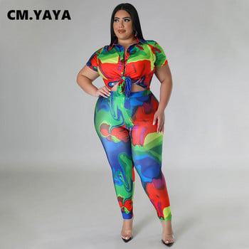 CM.YAYA Plus Size printed γυναικείο σετ κοντομάνικο πουκάμισο και παντελόνι κοστούμι 2023 Καλοκαίρι 2 2 τεμαχίων σετ αθλητικά