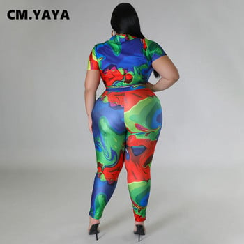 CM.YAYA Plus Size printed γυναικείο σετ κοντομάνικο πουκάμισο και παντελόνι κοστούμι 2023 Καλοκαίρι 2 2 τεμαχίων σετ αθλητικά