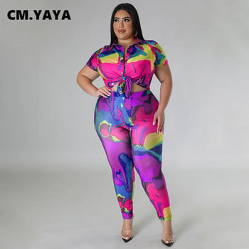 CM.YAYA Plus Size printed γυναικείο σετ κοντομάνικο πουκάμισο και παντελόνι κοστούμι 2023 Καλοκαίρι 2 2 τεμαχίων σετ αθλητικά