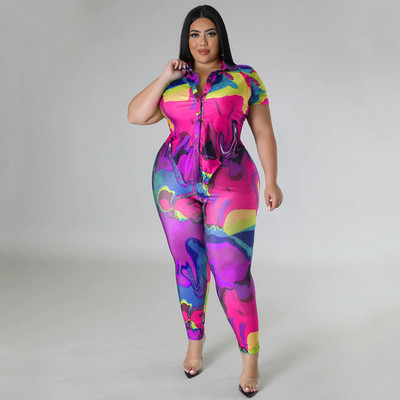 CM.YAYA suures suuruses trükitud naiste komplekt lühikeste varrukatega särgi ja sääristega pükste ülikond 2023. aasta suve kahe 2-osalise komplekti komplektiga dressid