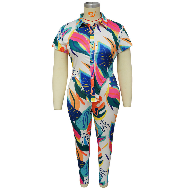 CM.YAYA suures suuruses trükitud naiste komplekt lühikeste varrukatega särgi ja sääristega pükste ülikond 2023. aasta suve kahe 2-osalise komplekti komplektiga dressid