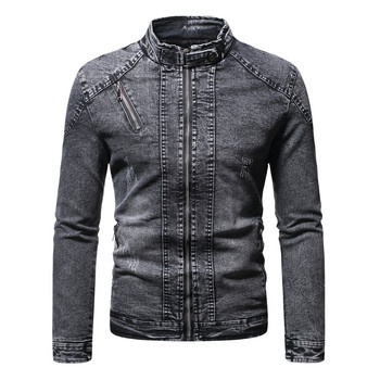 Дънково яке Мъжко яке Moto Biker Jean Jacket Есен Зима Модно плътно плюс кадифена яка с яка Мъжко дънково яке Ежедневно палто Мъжки