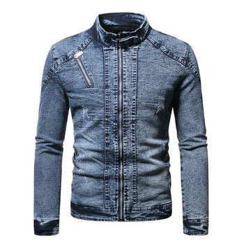 Дънково яке Мъжко яке Moto Biker Jean Jacket Есен Зима Модно плътно плюс кадифена яка с яка Мъжко дънково яке Ежедневно палто Мъжки