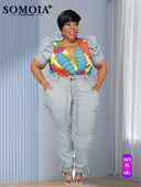 Dámske súpravy 5XL Plus Size, dvojdielny set Denim Street s nafúknutými rukávmi, topom a džínsami s potlačou patchwork, veľkoobchodný tovar