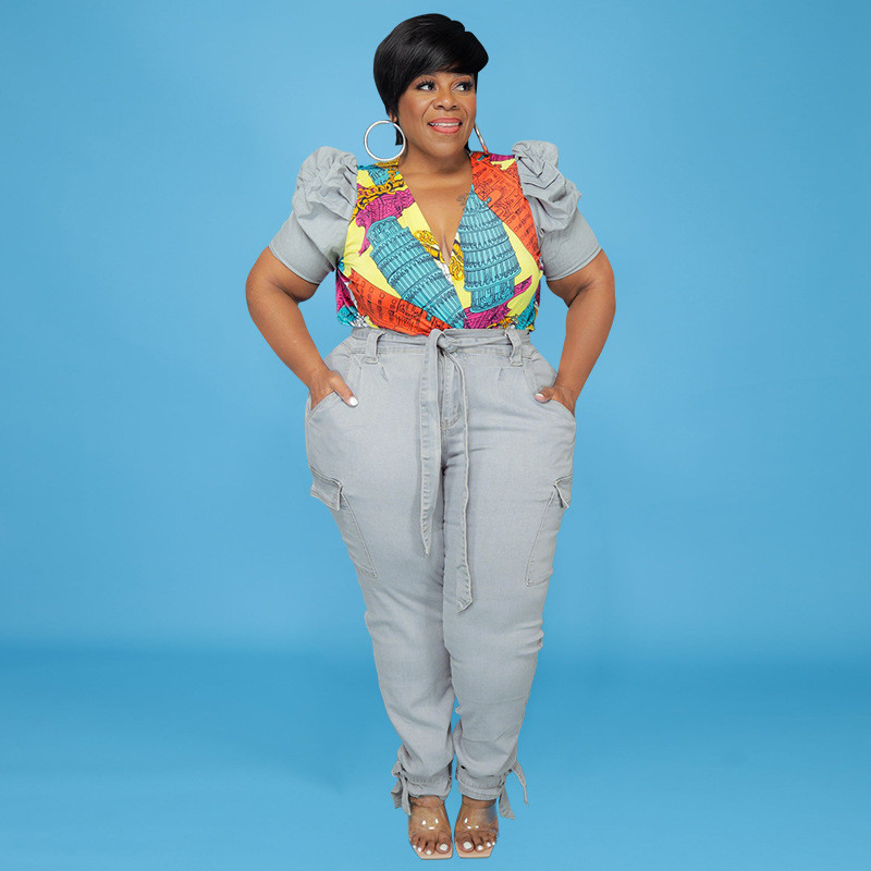 Dámske súpravy 5XL Plus Size, dvojdielny set Denim Street s nafúknutými rukávmi, topom a džínsami s potlačou patchwork, veľkoobchodný tovar