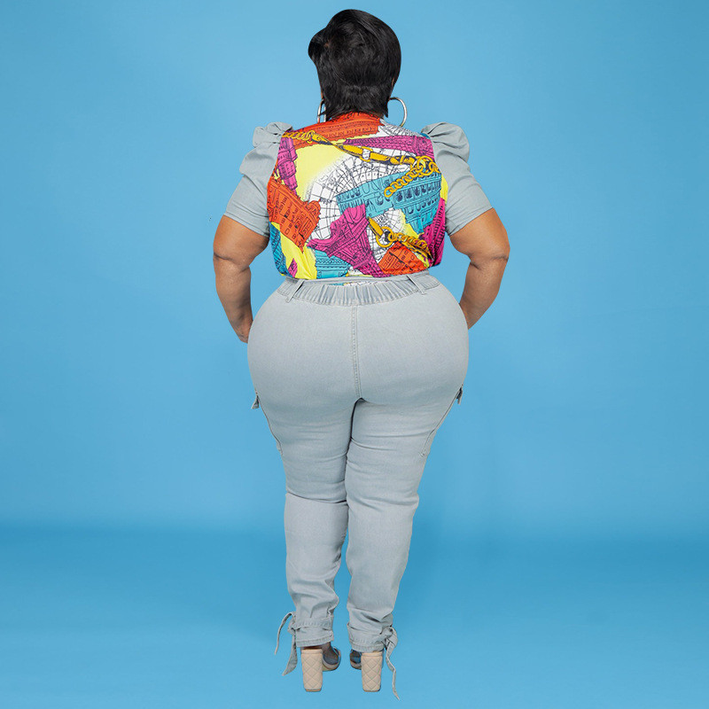 Dámske súpravy 5XL Plus Size, dvojdielny set Denim Street s nafúknutými rukávmi, topom a džínsami s potlačou patchwork, veľkoobchodný tovar