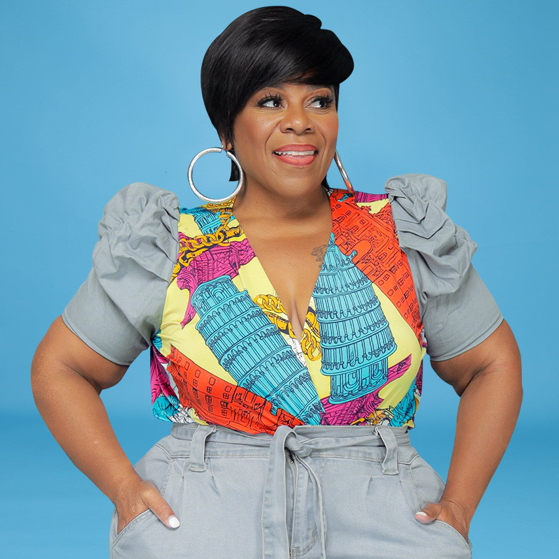 Dámske súpravy 5XL Plus Size, dvojdielny set Denim Street s nafúknutými rukávmi, topom a džínsami s potlačou patchwork, veľkoobchodný tovar