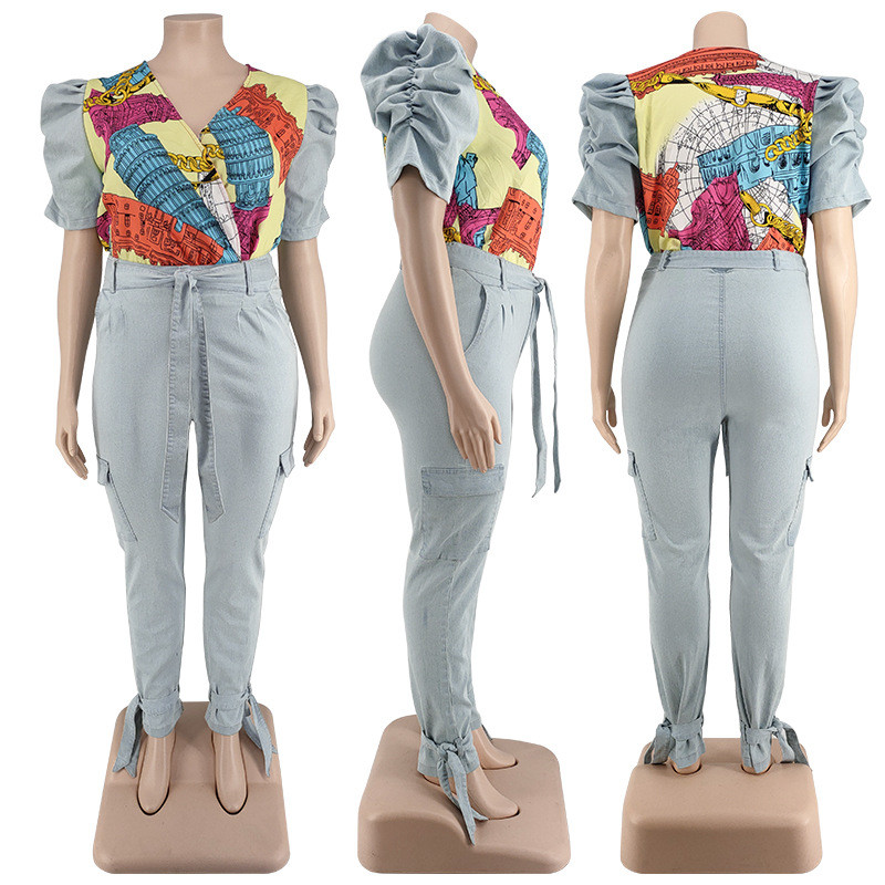 Dámske súpravy 5XL Plus Size, dvojdielny set Denim Street s nafúknutými rukávmi, topom a džínsami s potlačou patchwork, veľkoobchodný tovar