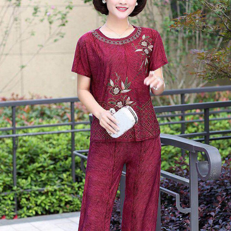 Pijamale pentru femei în vârstă de vară cu imprimeu floral, tricou cu mânecă scurtă, pantaloni, ținută de vârstă mijlocie, două piese, haine de noapte костюм женский