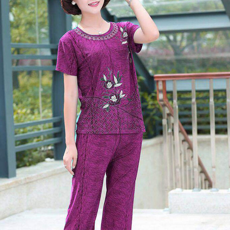 Pijamale pentru femei în vârstă de vară cu imprimeu floral, tricou cu mânecă scurtă, pantaloni, ținută de vârstă mijlocie, două piese, haine de noapte костюм женский