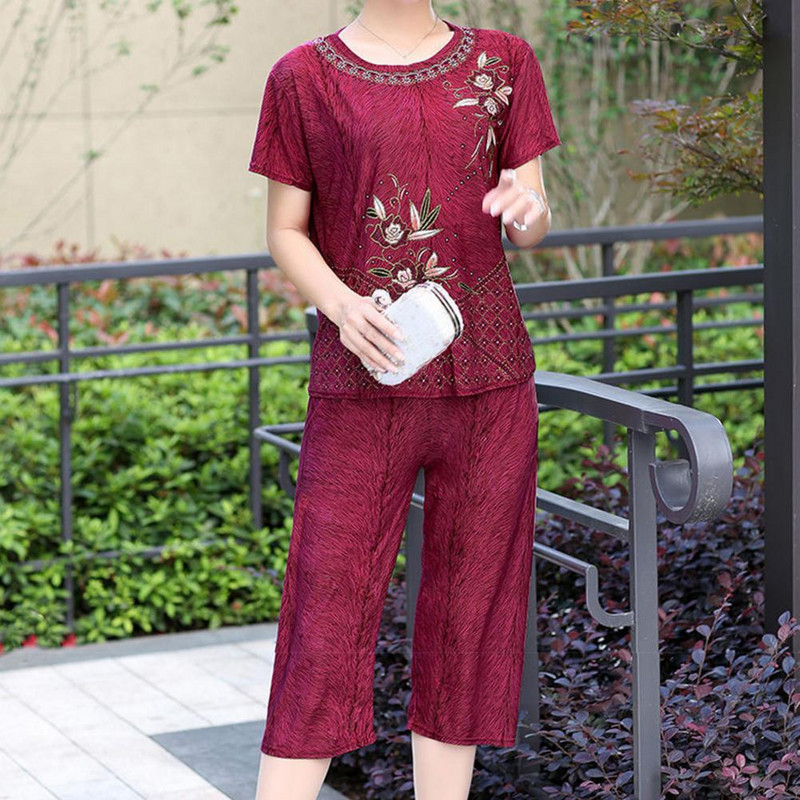 Pijamale pentru femei în vârstă de vară cu imprimeu floral, tricou cu mânecă scurtă, pantaloni, ținută de vârstă mijlocie, două piese, haine de noapte костюм женский