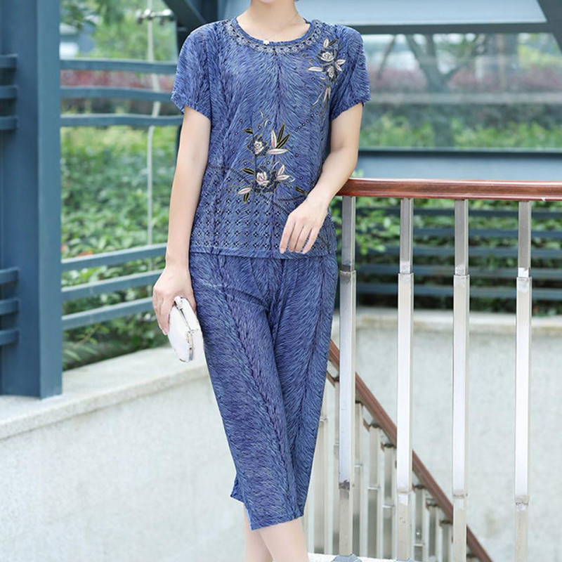 Pijamale pentru femei în vârstă de vară cu imprimeu floral, tricou cu mânecă scurtă, pantaloni, ținută de vârstă mijlocie, două piese, haine de noapte костюм женский