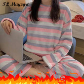 Dámske pyžamo Thicken Two Piece Flanel s potlačou sladkých kreslených broskyňových tyrov, zimné pyžamo s dlhým rukávom, nočná košeľa, spoločenské oblečenie
