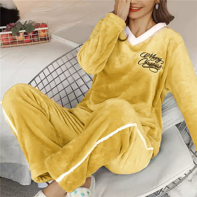 Dámske pyžamo Thicken Two Piece Flanel s potlačou sladkých kreslených broskyňových tyrov, zimné pyžamo s dlhým rukávom, nočná košeľa, spoločenské oblečenie