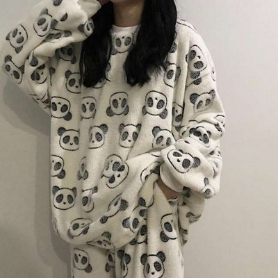Dámske pyžamo Thicken Two Piece Flanel s potlačou sladkých kreslených broskyňových tyrov, zimné pyžamo s dlhým rukávom, nočná košeľa, spoločenské oblečenie