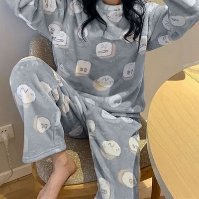 Dámske pyžamo Thicken Two Piece Flanel s potlačou sladkých kreslených broskyňových tyrov, zimné pyžamo s dlhým rukávom, nočná košeľa, spoločenské oblečenie
