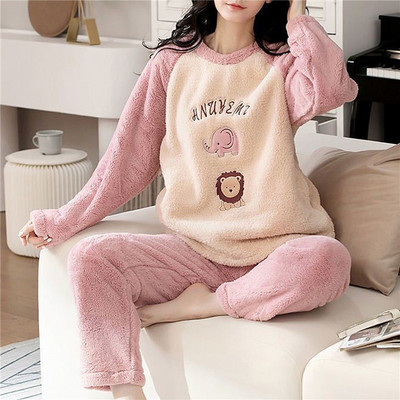Dámske pyžamo Thicken Two Piece Flanel s potlačou sladkých kreslených broskyňových tyrov, zimné pyžamo s dlhým rukávom, nočná košeľa, spoločenské oblečenie
