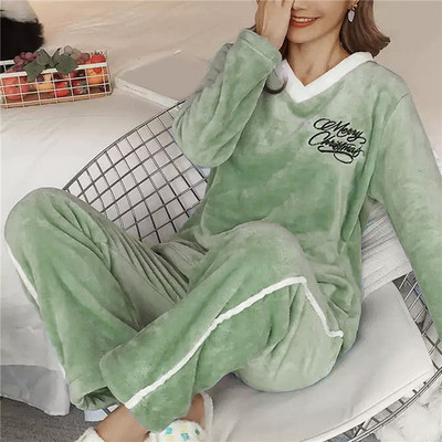 Dámske pyžamo Thicken Two Piece Flanel s potlačou sladkých kreslených broskyňových tyrov, zimné pyžamo s dlhým rukávom, nočná košeľa, spoločenské oblečenie