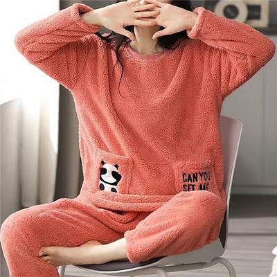 Dámske pyžamo Thicken Two Piece Flanel s potlačou sladkých kreslených broskyňových tyrov, zimné pyžamo s dlhým rukávom, nočná košeľa, spoločenské oblečenie