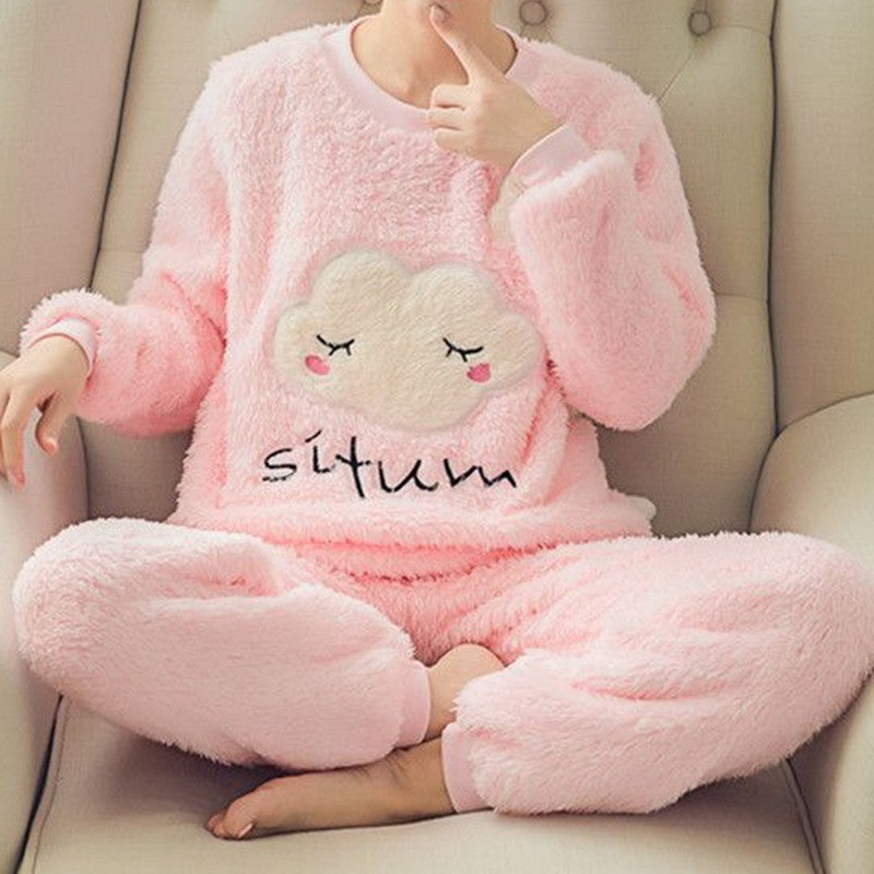 Dámske pyžamo Thicken Two Piece Flanel s potlačou sladkých kreslených broskyňových tyrov, zimné pyžamo s dlhým rukávom, nočná košeľa, spoločenské oblečenie
