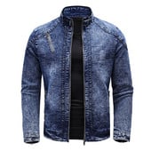 Uus mootorratta teksajakk Meeste Retro tõmblukud Standkrae Denimmantlid Meeste Puuvill Slim Fit Teksajakk Moto Biker Välisrõivad