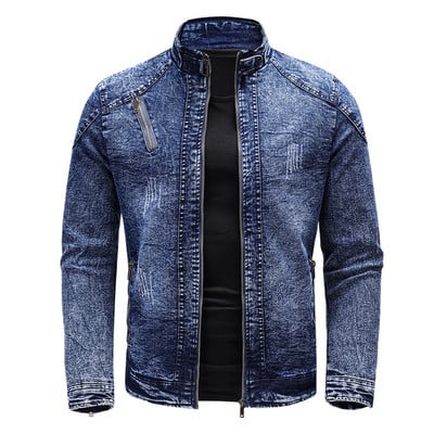 Uus mootorratta teksajakk Meeste Retro tõmblukud Standkrae Denimmantlid Meeste Puuvill Slim Fit Teksajakk Moto Biker Välisrõivad