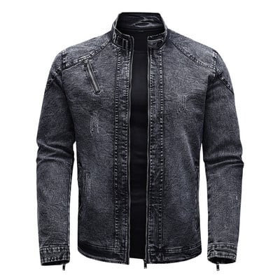 Uus mootorratta teksajakk Meeste Retro tõmblukud Standkrae Denimmantlid Meeste Puuvill Slim Fit Teksajakk Moto Biker Välisrõivad