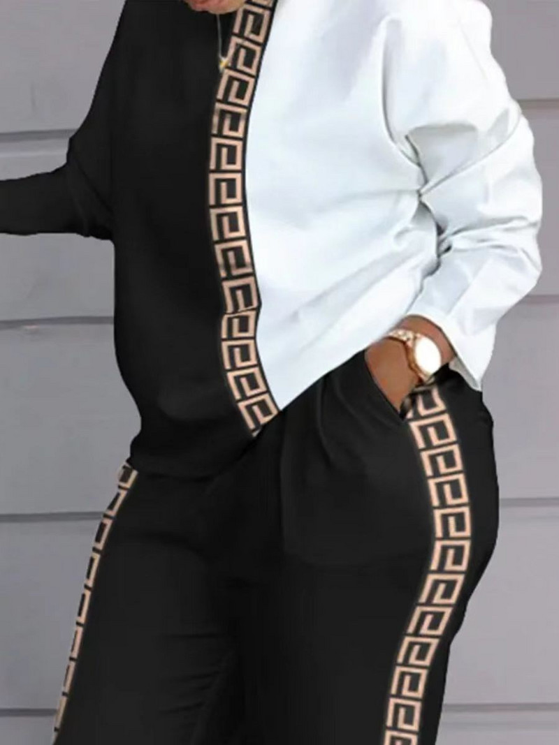 LW Plus Size Geometric Print Patchwork Pükste komplekt Naiste spordidress, pikkade varrukatega top & pükste komplekt, 2-osaline naiste varustus