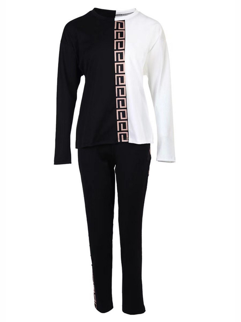 LW Plus Size Geometric Print Patchwork Pükste komplekt Naiste spordidress, pikkade varrukatega top & pükste komplekt, 2-osaline naiste varustus