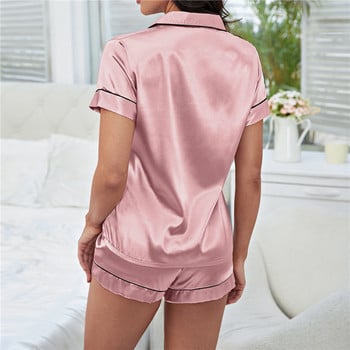 2023 Γυναικεία Sleepwear Summer Pijama Set Down Collar Faux Silk Satin κοντό μανίκι + σορτς Γυναικεία φόρμα σπιτιού πιτζάμα