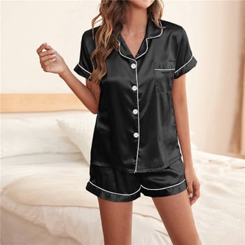 2023 Γυναικεία Sleepwear Summer Pijama Set Down Collar Faux Silk Satin κοντό μανίκι + σορτς Γυναικεία φόρμα σπιτιού πιτζάμα